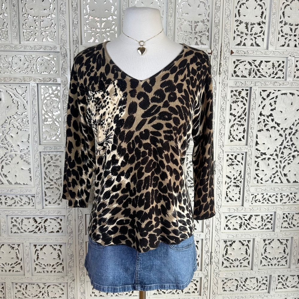 Designers Originals Leopard Print V Neck Beaded 3/4 Sleeve Fairy Sweater Sz M